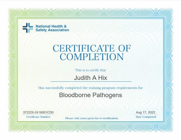 National Health and Safety Association Certified - Judith